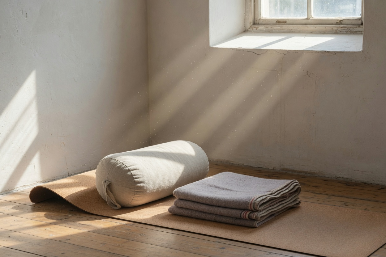 A mat, a bolster, and a blanket in the studio corner
